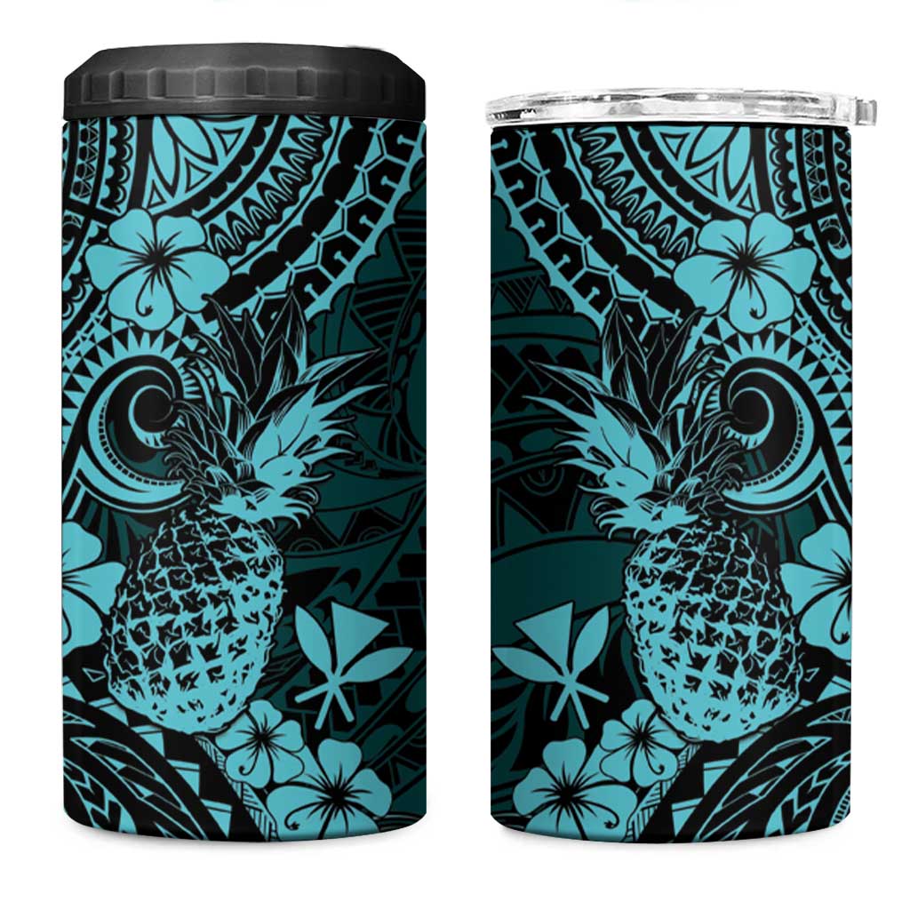 Hawaii Pineapple 4 in 1 Can Cooler Tumbler Polynesian Pattern Turquoise Version