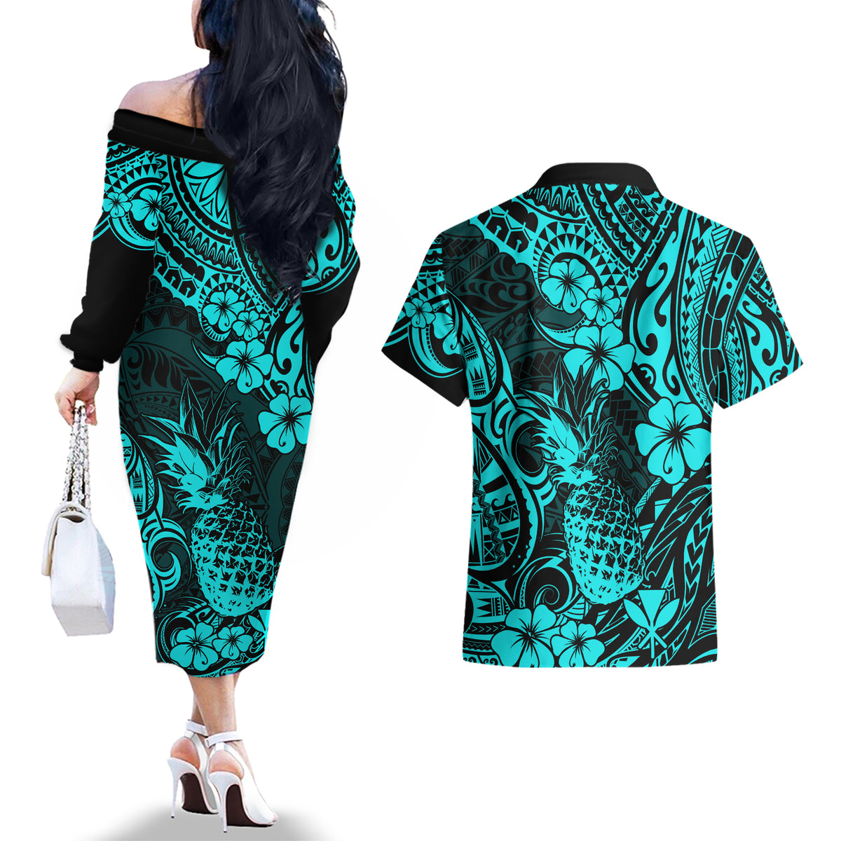 Hawaii Pineapple Couples Matching Off The Shoulder Long Sleeve Dress and Hawaiian Shirt Polynesian Pattern Turquoise Version LT01 - Polynesian Pride