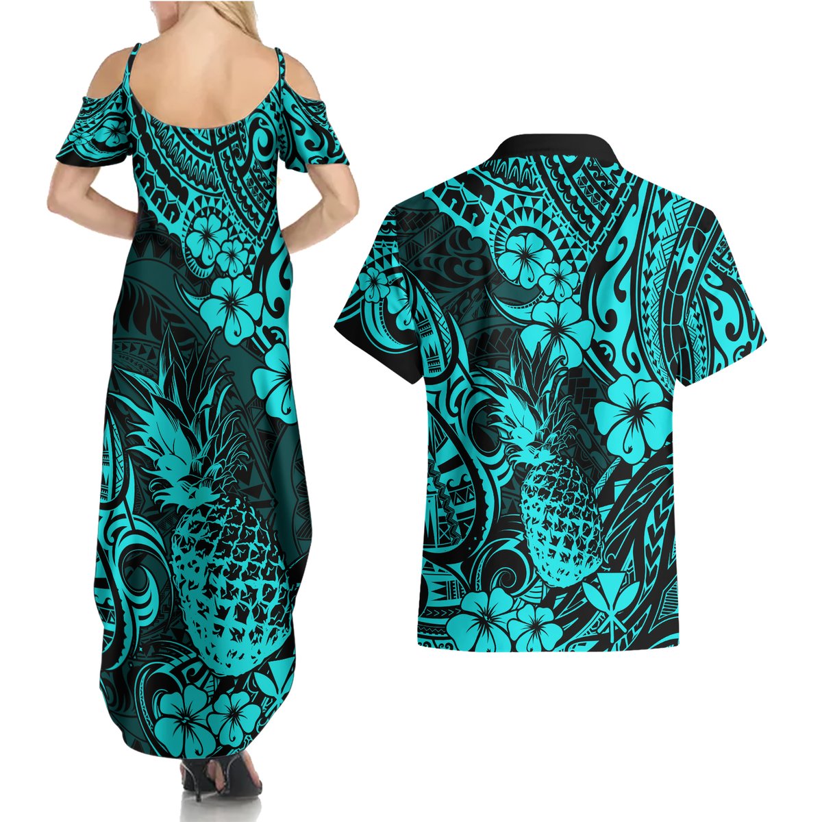 Hawaii Pineapple Couples Matching Summer Maxi Dress and Hawaiian Shirt Polynesian Pattern Turquoise Version LT01 - Polynesian Pride