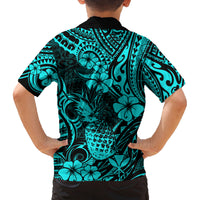 Hawaii Pineapple Family Matching Off Shoulder Short Dress and Hawaiian Shirt Polynesian Pattern Turquoise Version LT01 - Polynesian Pride