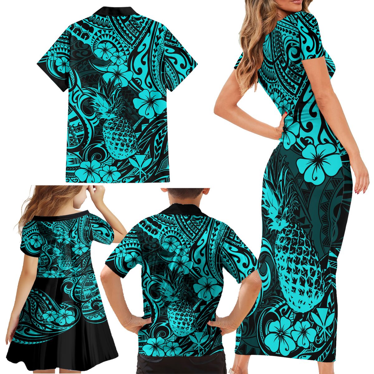 Hawaii Pineapple Family Matching Short Sleeve Bodycon Dress and Hawaiian Shirt Polynesian Pattern Turquoise Version LT01 - Polynesian Pride