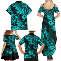 Hawaii Pineapple Family Matching Summer Maxi Dress and Hawaiian Shirt Polynesian Pattern Turquoise Version LT01 - Polynesian Pride