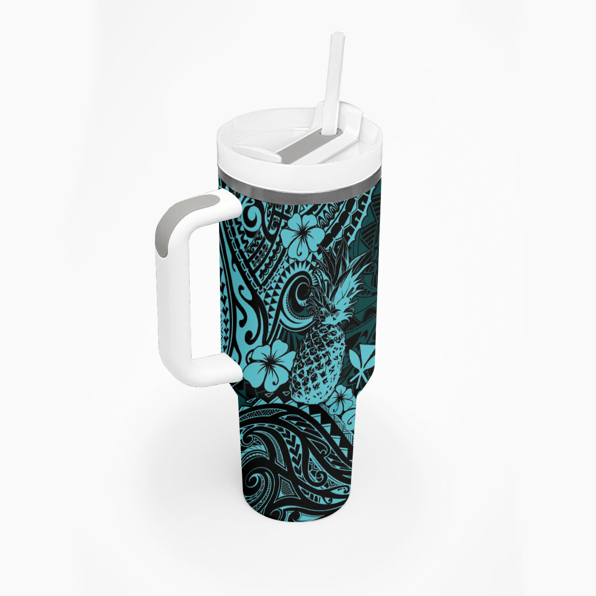 Hawaii Pineapple Tumbler With Handle Polynesian Pattern Turquoise Version