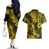 Hawaii Pineapple Couples Matching Off The Shoulder Long Sleeve Dress and Hawaiian Shirt Polynesian Pattern Yellow Version LT01 - Polynesian Pride