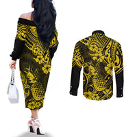 Hawaii Pineapple Couples Matching Off The Shoulder Long Sleeve Dress and Long Sleeve Button Shirts Polynesian Pattern Yellow Version LT01 - Polynesian Pride