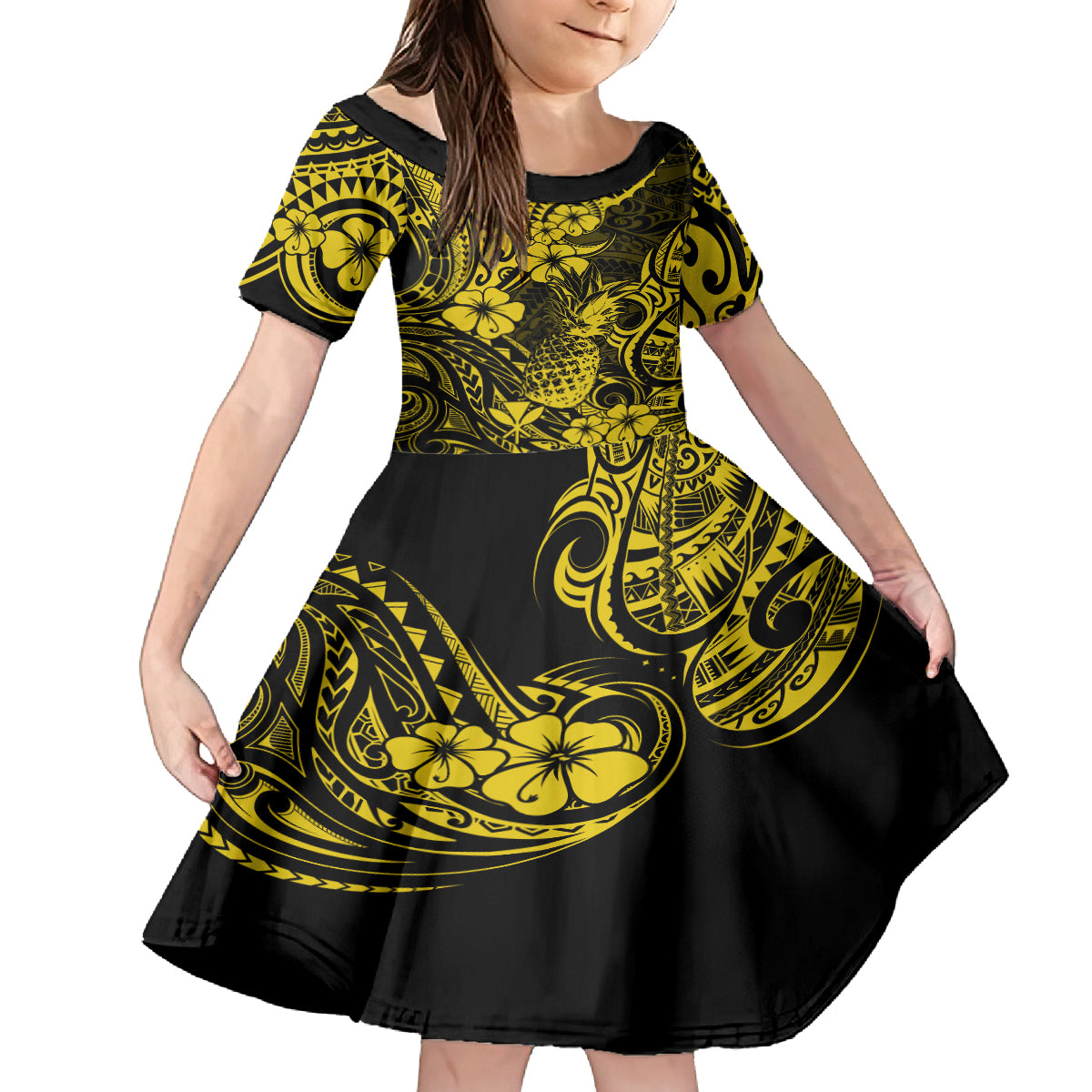 Hawaii Pineapple Kid Short Sleeve Dress Polynesian Pattern Yellow Version LT01 KID Yellow - Polynesian Pride