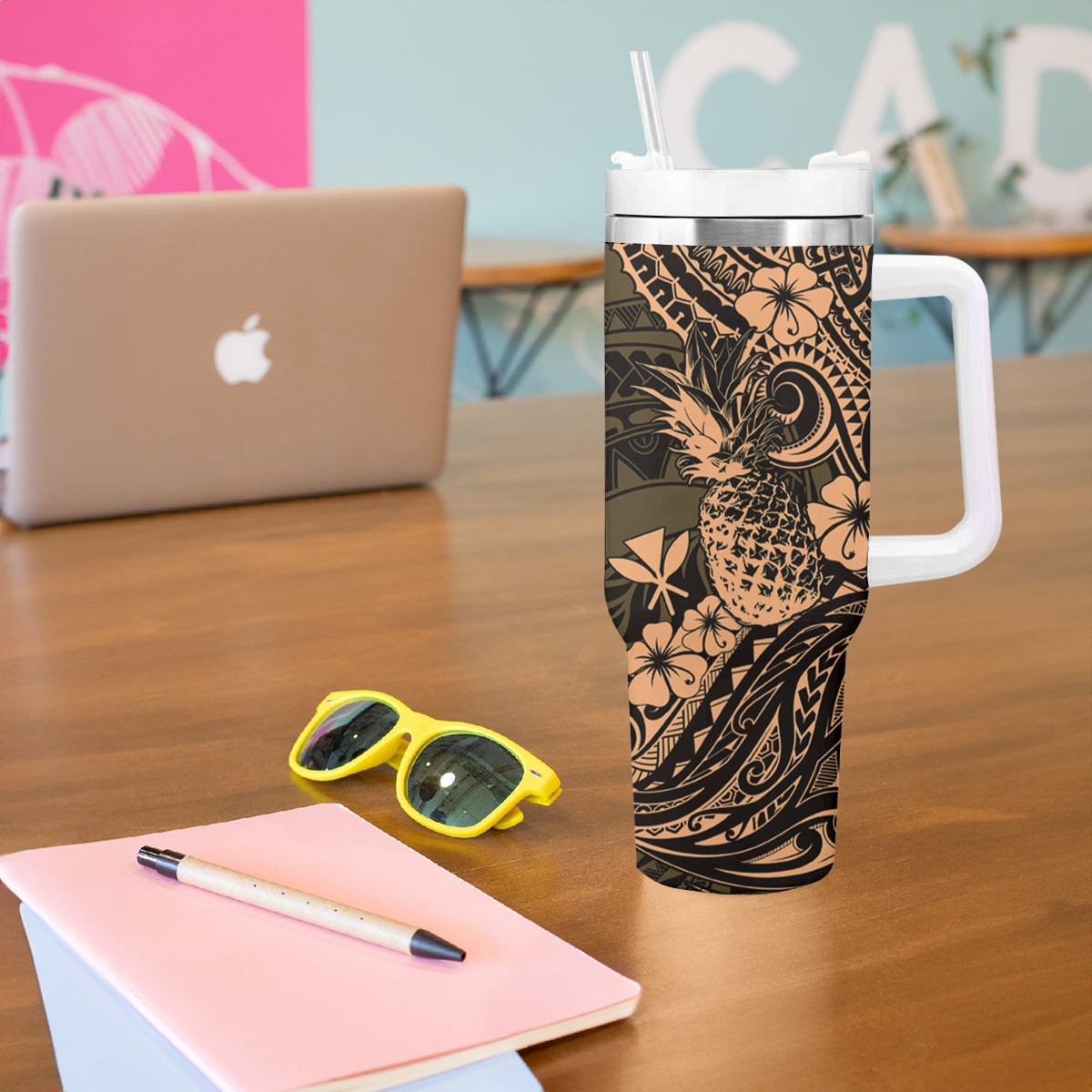 Hawaii Pineapple Tumbler With Handle Polynesian Pattern Yellow Version