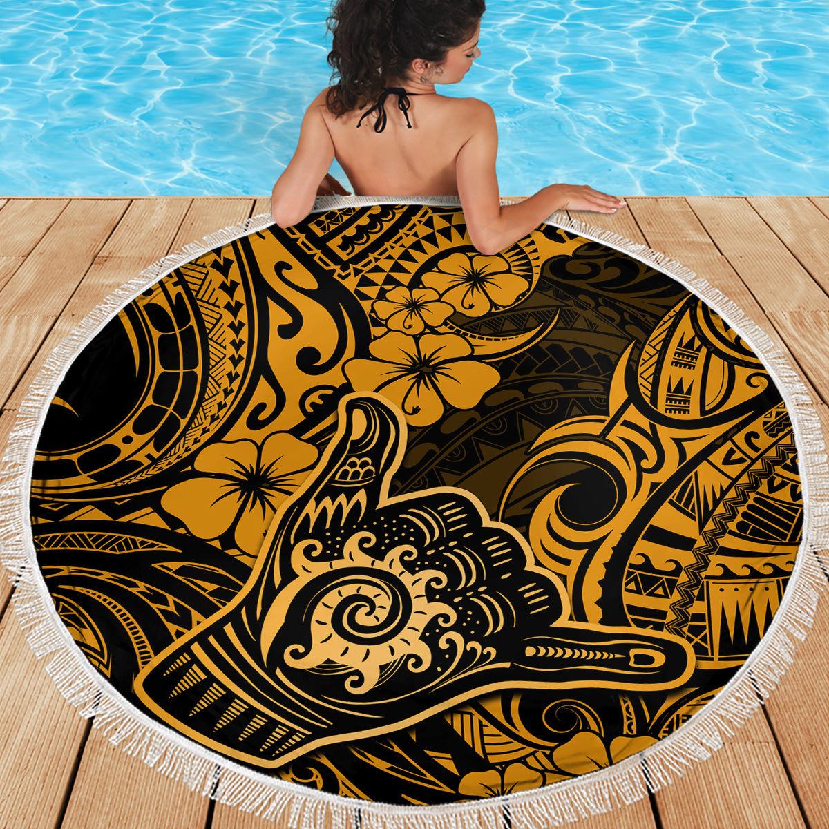 Hawaii Shaka Sign Beach Blanket With Polynesian Hibiscus Gold Unique LT01 - Wonder Print Shop