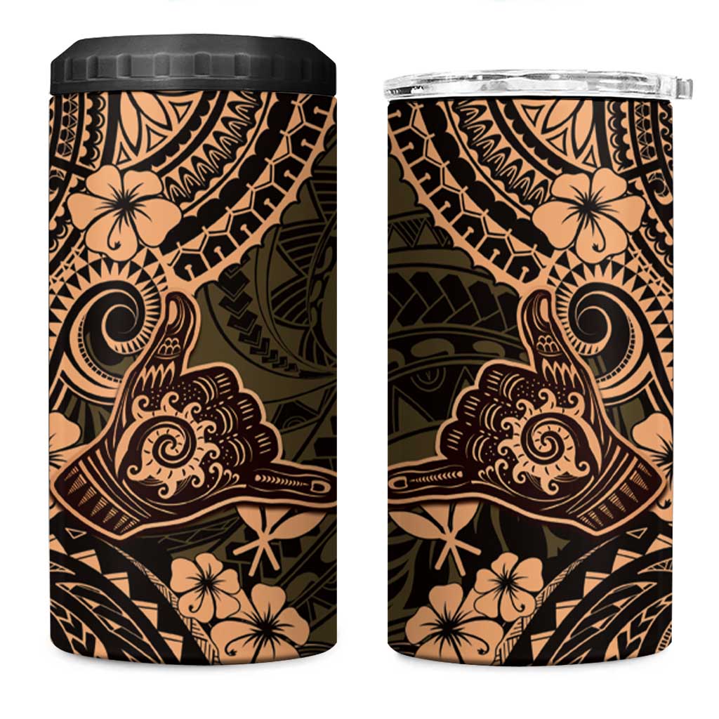 Hawaii Shaka Sign 4 in 1 Can Cooler Tumbler With Polynesian Hibiscus Gold Unique