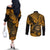 Hawaii Shaka Sign Couples Matching Off The Shoulder Long Sleeve Dress and Long Sleeve Button Shirts With Polynesian Hibiscus Gold Unique LT01 - Polynesian Pride
