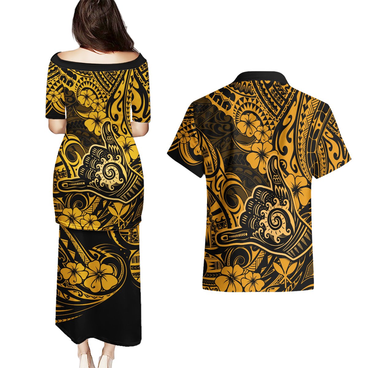 Hawaii Shaka Sign Couples Matching Puletasi Dress and Hawaiian Shirt With Polynesian Hibiscus Gold Unique LT01 - Polynesian Pride
