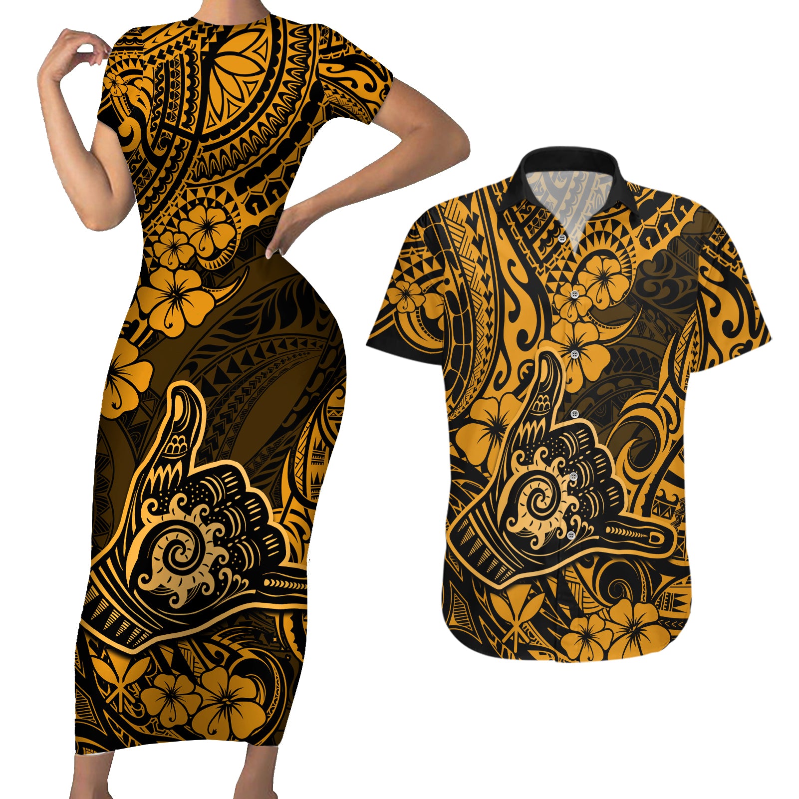 Hawaii Shaka Sign Couples Matching Short Sleeve Bodycon Dress and Hawaiian Shirt With Polynesian Hibiscus Gold Unique LT01 Gold - Polynesian Pride