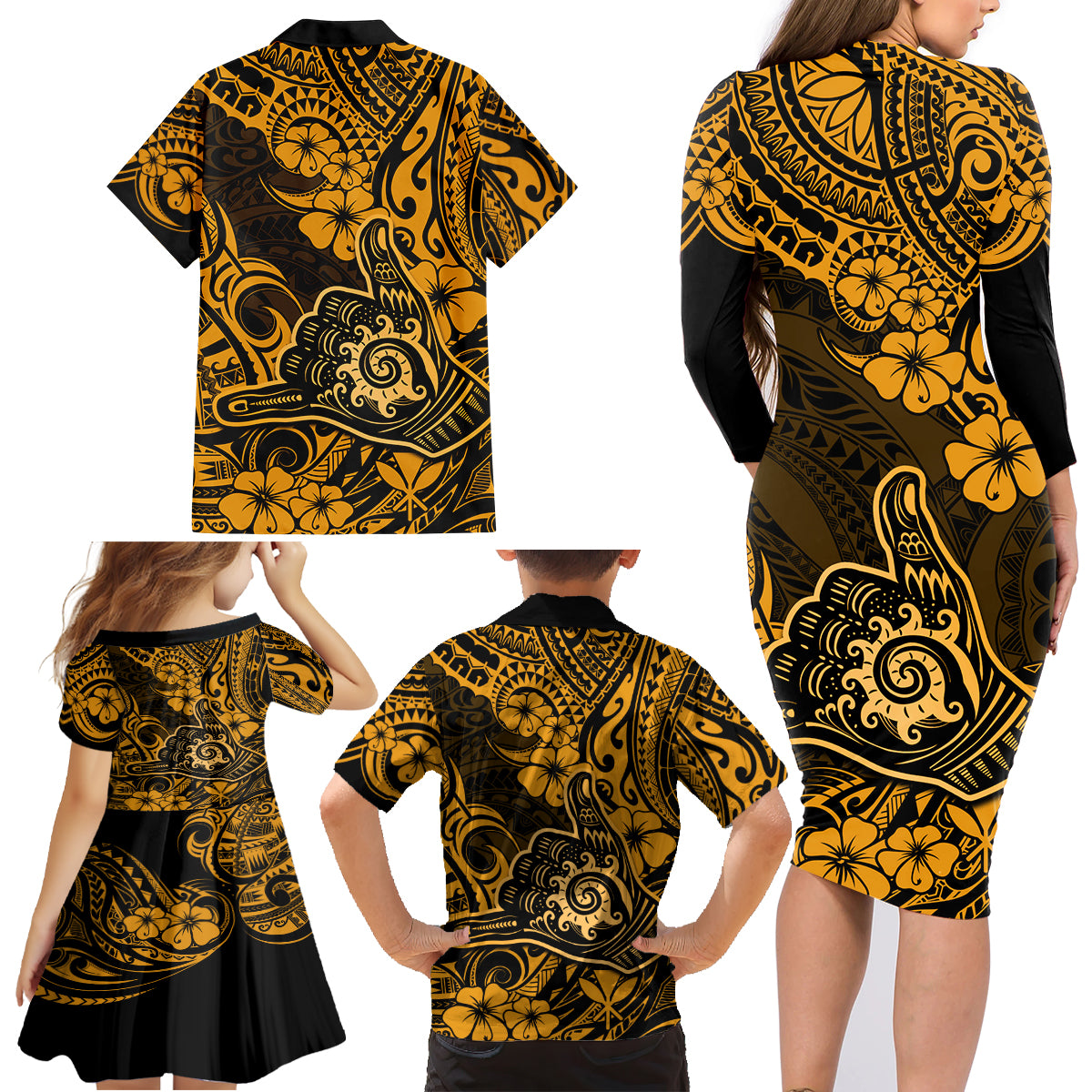 Hawaii Shaka Sign Family Matching Long Sleeve Bodycon Dress and Hawaiian Shirt With Polynesian Hibiscus Gold Unique LT01 - Polynesian Pride