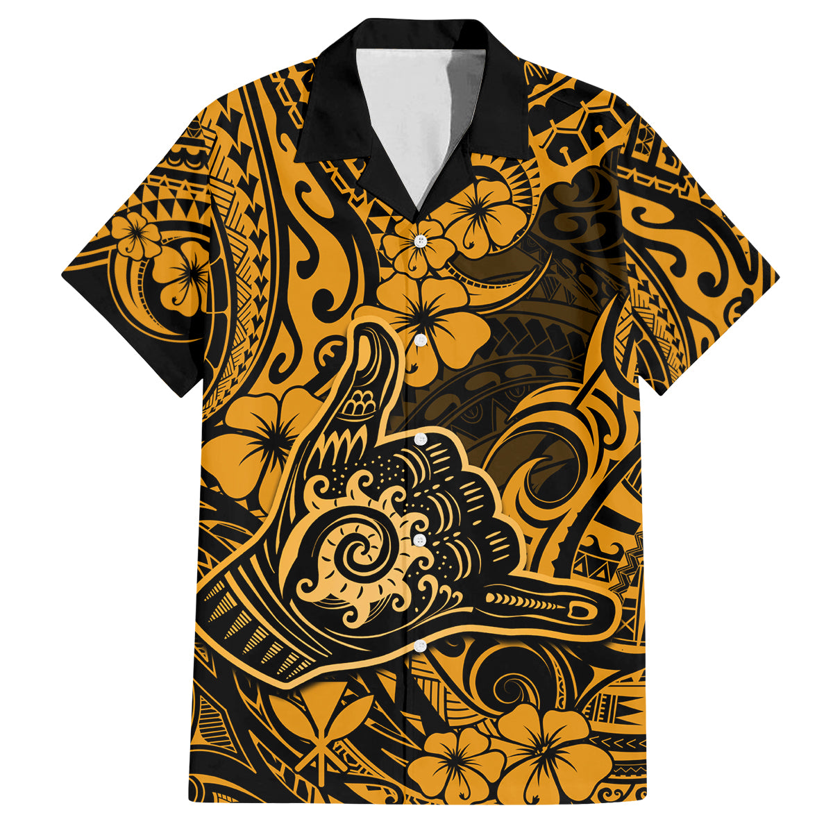 Hawaii Shaka Sign Family Matching Off Shoulder Maxi Dress and Hawaiian Shirt With Polynesian Hibiscus Gold Unique LT01 Dad's Shirt - Short Sleeve Gold - Polynesian Pride
