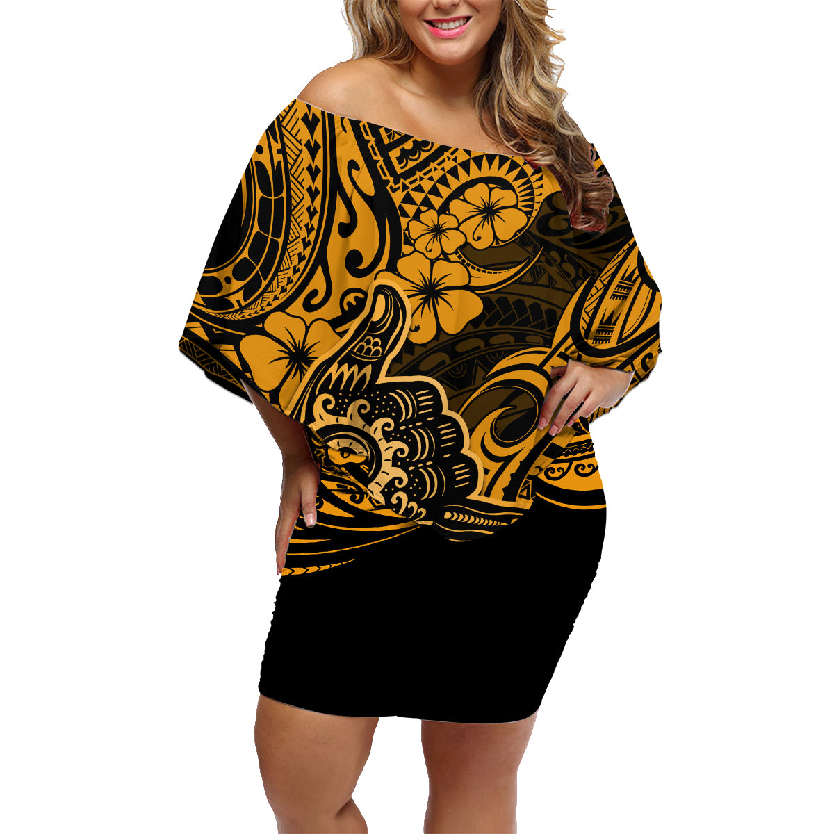 Hawaii Shaka Sign Family Matching Off Shoulder Short Dress and Hawaiian Shirt With Polynesian Hibiscus Gold Unique LT01 Mom's Dress Gold - Polynesian Pride