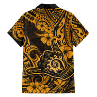 Hawaii Shaka Sign Family Matching Short Sleeve Bodycon Dress and Hawaiian Shirt With Polynesian Hibiscus Gold Unique LT01 - Polynesian Pride