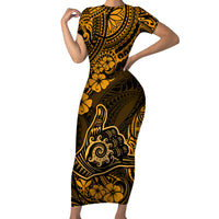 Hawaii Shaka Sign Family Matching Short Sleeve Bodycon Dress and Hawaiian Shirt With Polynesian Hibiscus Gold Unique LT01 Mom's Dress Gold - Polynesian Pride
