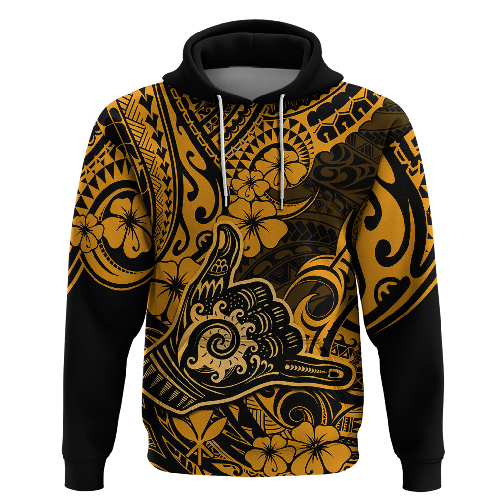 Hawaii Shaka Sign Hoodie With Polynesian Hibiscus Gold Unique LT01 Pullover Hoodie Gold - Polynesian Pride