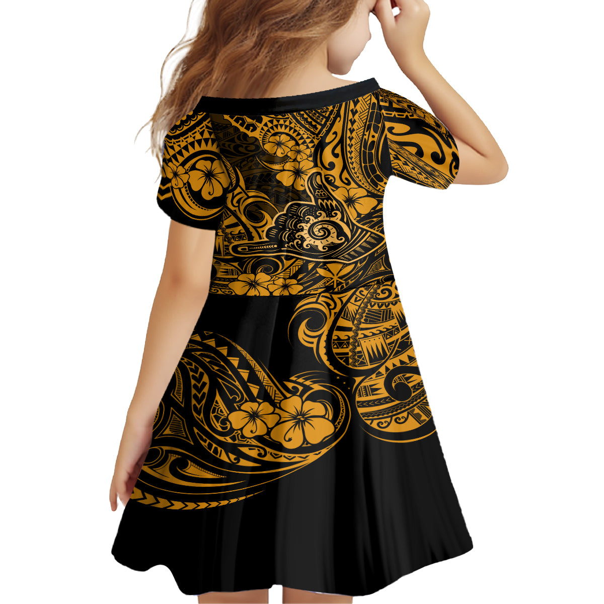 Hawaii Shaka Sign Kid Short Sleeve Dress With Polynesian Hibiscus Gold Unique LT01 - Polynesian Pride