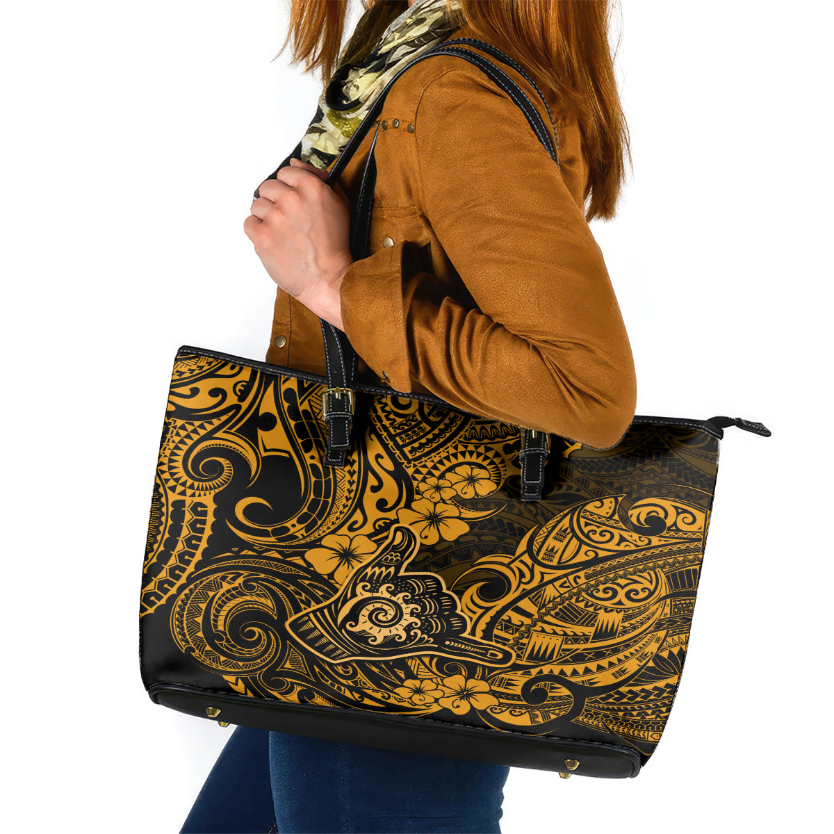 Hawaii Shaka Sign Leather Tote Bag With Polynesian Hibiscus Gold Unique LT01 Gold - Polynesian Pride