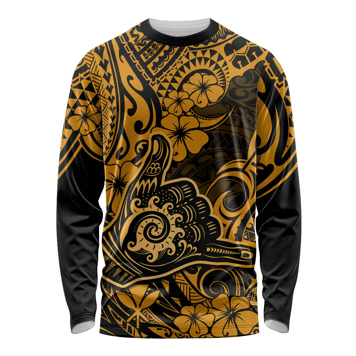 Hawaii Shaka Sign Long Sleeve Shirt With Polynesian Hibiscus Gold Unique LT01 Unisex Gold - Polynesian Pride