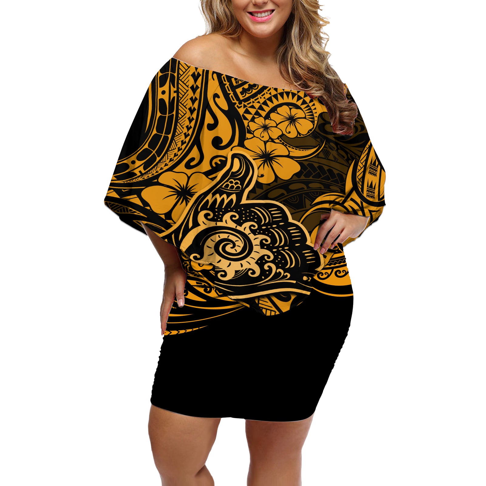 Hawaii Shaka Sign Off Shoulder Short Dress With Polynesian Hibiscus Gold Unique LT01 Women Gold - Polynesian Pride