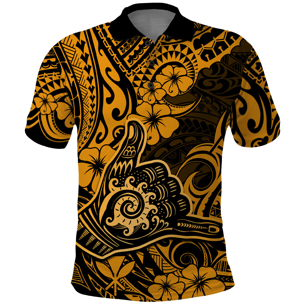 Hawaii Shaka Sign Polo Shirt With Polynesian Hibiscus Gold Unique LT01 Gold - Polynesian Pride
