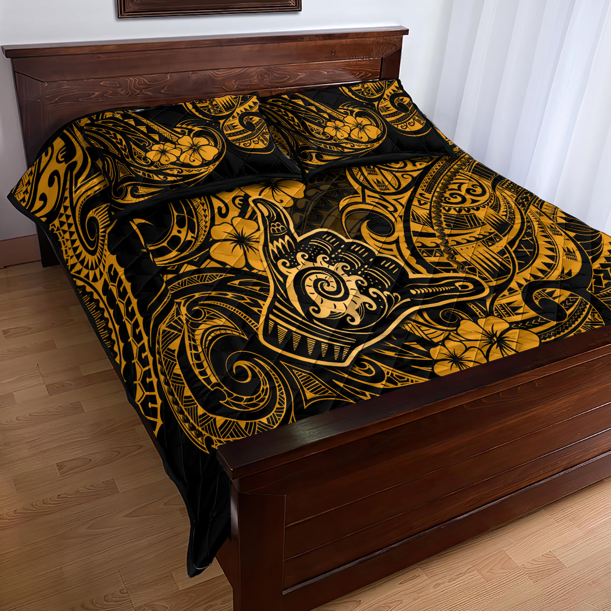 Hawaii Shaka Sign Quilt Bed Set With Polynesian Hibiscus Gold Unique LT01 - Polynesian Pride