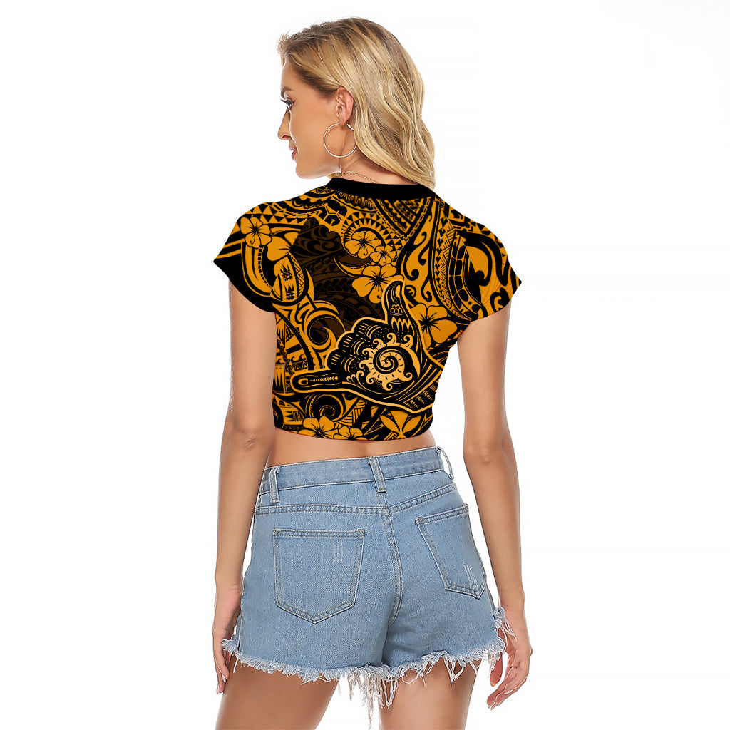 Hawaii Shaka Sign Raglan Cropped T Shirt With Polynesian Hibiscus Gold Unique LT01 - Polynesian Pride