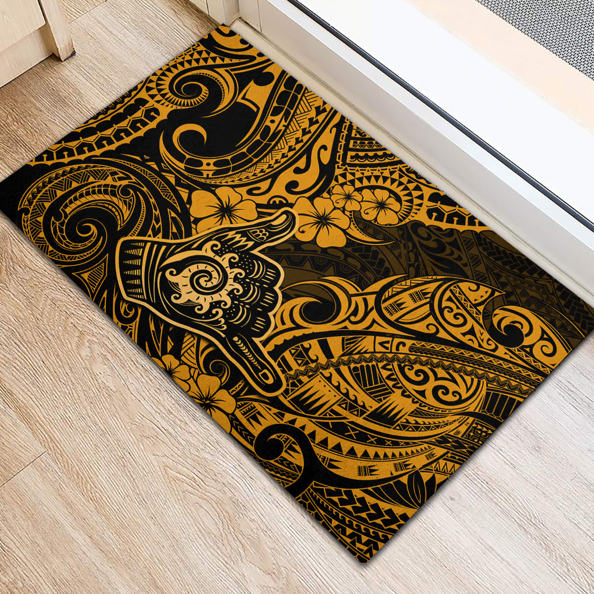 Hawaii Shaka Sign Rubber Doormat With Polynesian Hibiscus Gold Unique LT01 - Polynesian Pride