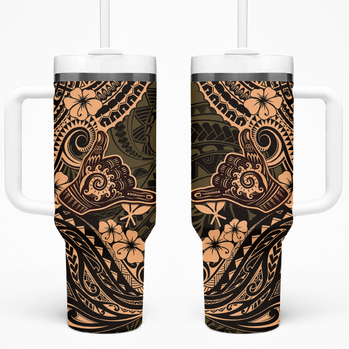 Hawaii Shaka Sign Tumbler With Handle With Polynesian Hibiscus Gold Unique