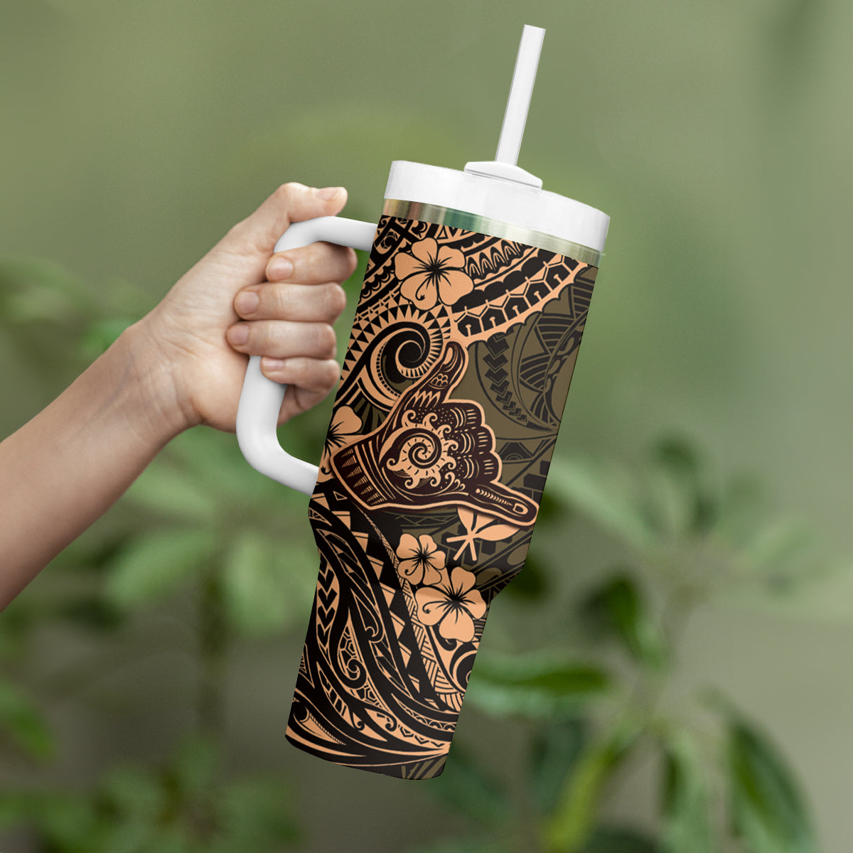 Hawaii Shaka Sign Tumbler With Handle With Polynesian Hibiscus Gold Unique