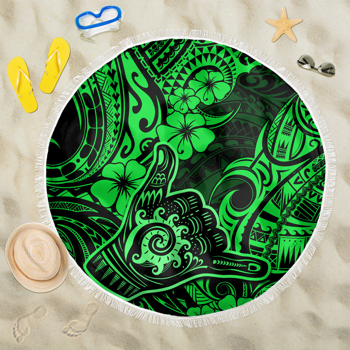 Hawaii Shaka Sign Beach Blanket With Polynesian Hibiscus Green Unique LT01 One Size 150cm Green - Wonder Print Shop