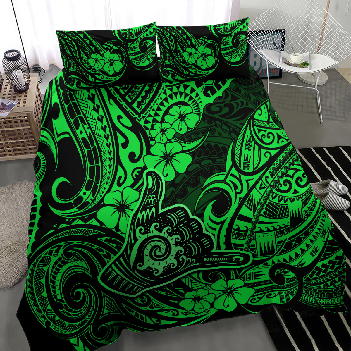 Hawaii Shaka Sign Bedding Set With Polynesian Hibiscus Green Unique LT01 - Polynesian Pride