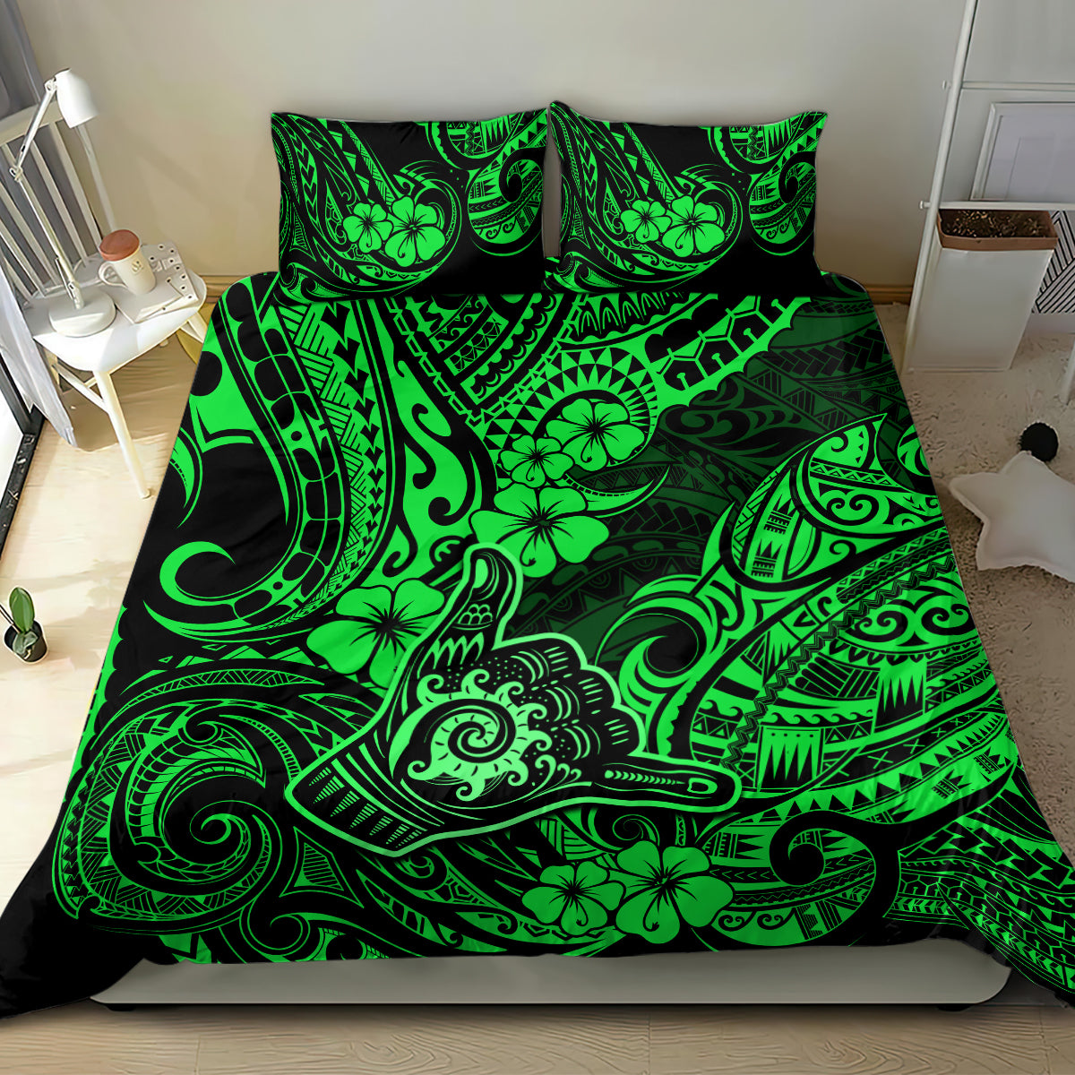 Hawaii Shaka Sign Bedding Set With Polynesian Hibiscus Green Unique LT01 - Polynesian Pride