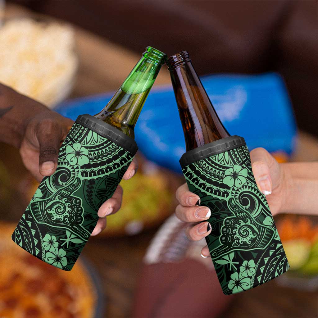 Hawaii Shaka Sign 4 in 1 Can Cooler Tumbler With Polynesian Hibiscus Green Unique