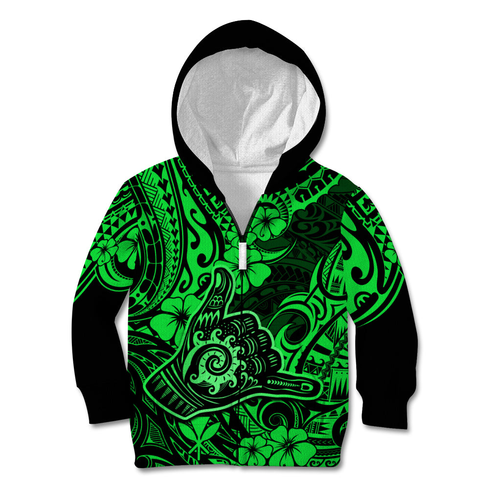 Hawaii Shaka Sign Kid Hoodie With Polynesian Hibiscus Green Unique LT01 - Polynesian Pride