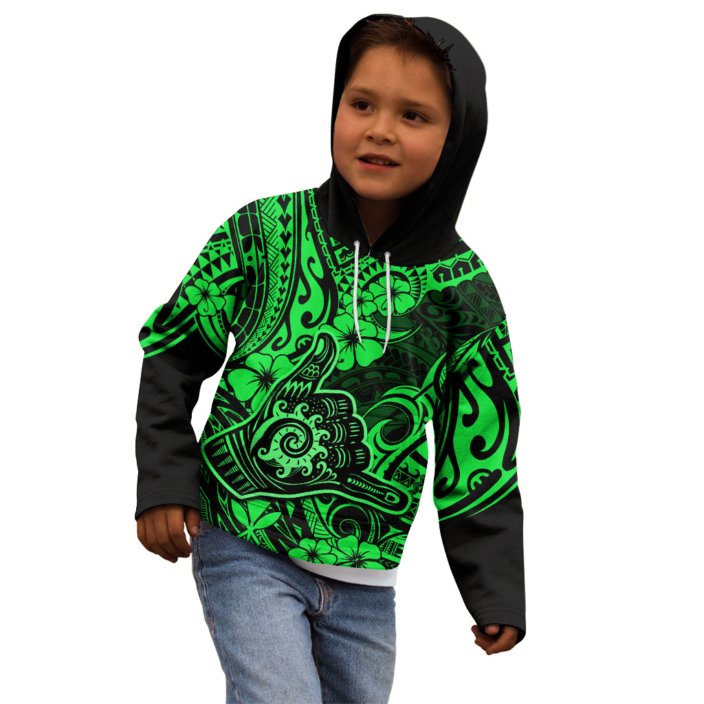 Hawaii Shaka Sign Kid Hoodie With Polynesian Hibiscus Green Unique LT01 - Polynesian Pride
