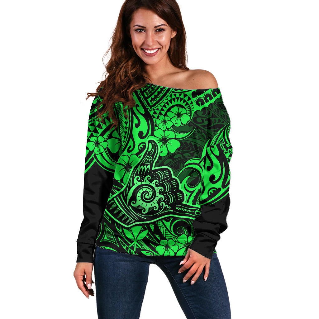 Hawaii Shaka Sign Off Shoulder Sweater With Polynesian Hibiscus Green Unique LT01 Women Green - Polynesian Pride