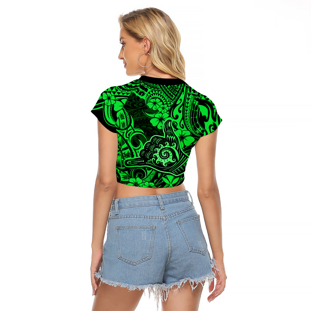Hawaii Shaka Sign Raglan Cropped T Shirt With Polynesian Hibiscus Green Unique LT01 - Polynesian Pride