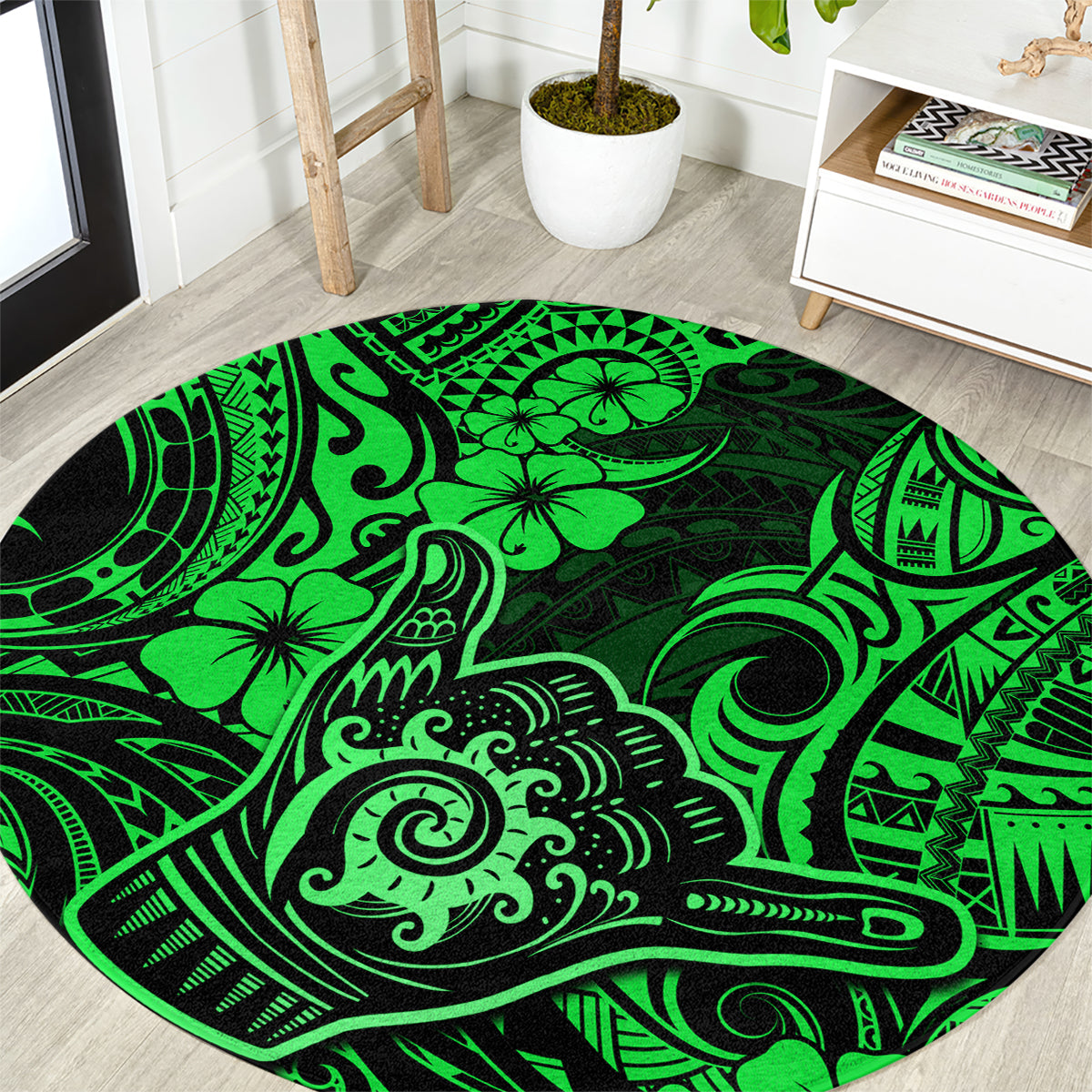 Hawaii Shaka Sign Round Carpet With Polynesian Hibiscus Green Unique LT01 Green - Polynesian Pride