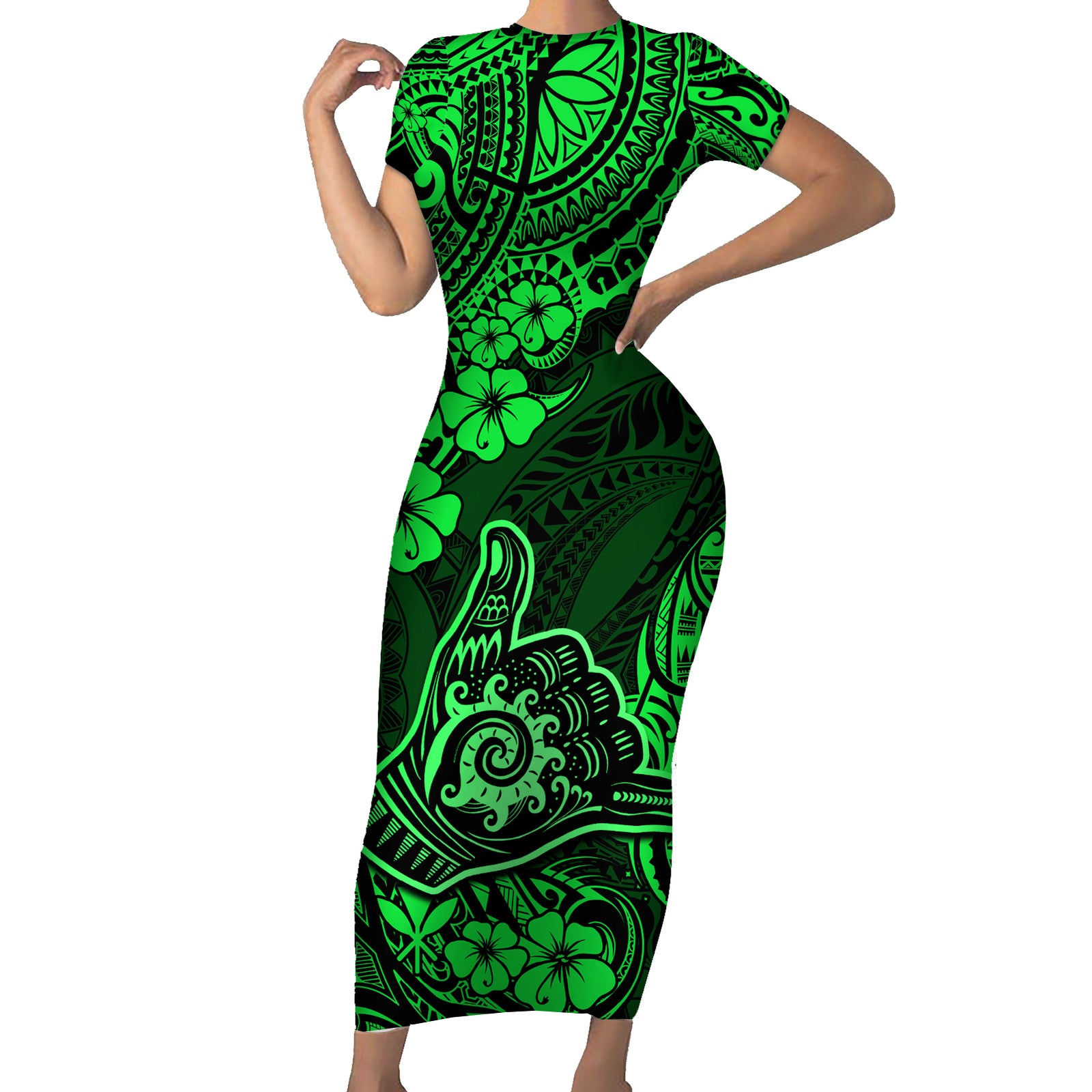 Hawaii Shaka Sign Short Sleeve Bodycon Dress With Polynesian Hibiscus Green Unique LT01 Long Dress Green - Polynesian Pride
