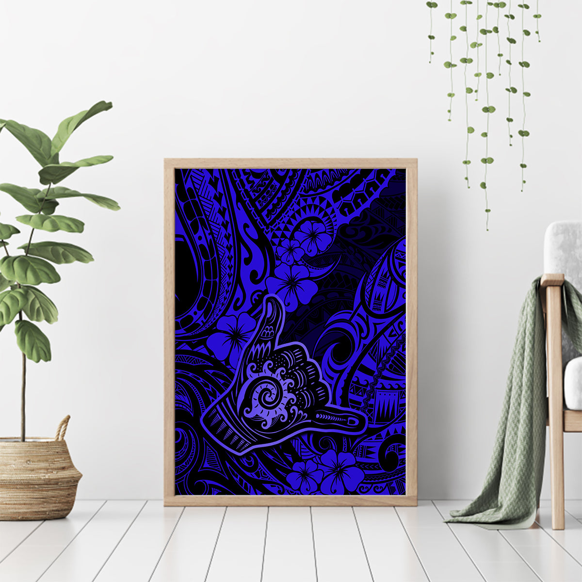 Hawaii Shaka Sign Canvas Wall Art With Polynesian Hibiscus Navy Blue Unique LT01 - Polynesian Pride