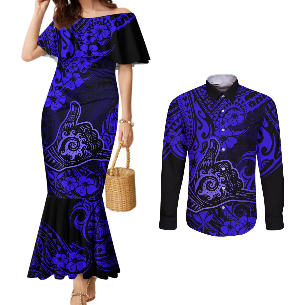 Hawaii Shaka Sign Couples Matching Mermaid Dress and Long Sleeve Button Shirts With Polynesian Hibiscus Navy Blue Unique LT01 Blue - Polynesian Pride