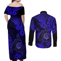 Hawaii Shaka Sign Couples Matching Off Shoulder Maxi Dress and Long Sleeve Button Shirts With Polynesian Hibiscus Navy Blue Unique LT01 - Polynesian Pride