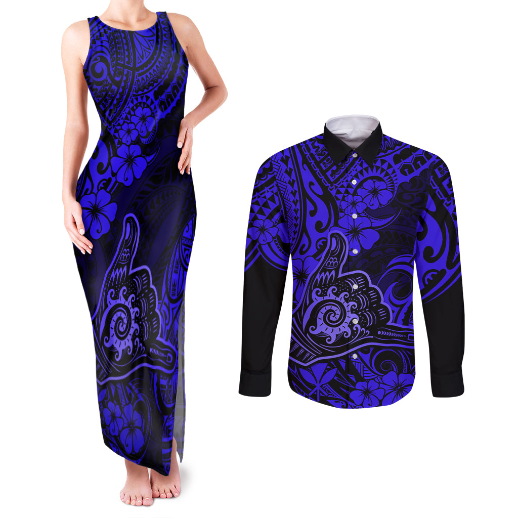 Hawaii Shaka Sign Couples Matching Tank Maxi Dress and Long Sleeve Button Shirts With Polynesian Hibiscus Navy Blue Unique LT01 Blue - Polynesian Pride