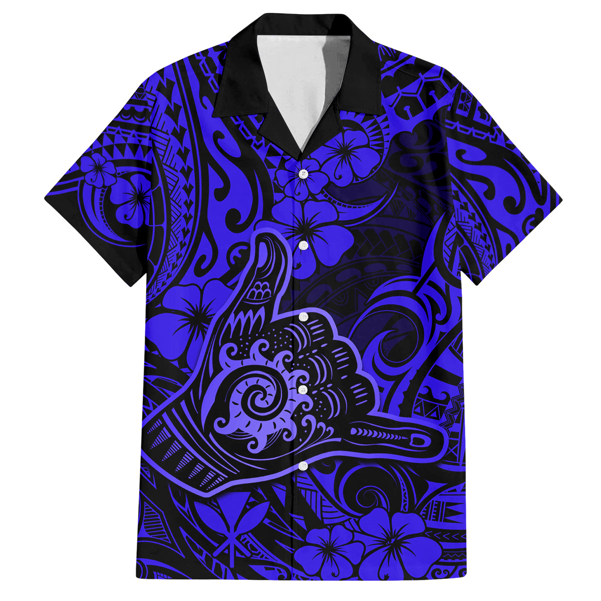Hawaii Shaka Sign Family Matching Off Shoulder Long Sleeve Dress and Hawaiian Shirt With Polynesian Hibiscus Navy Blue Unique LT01 Dad's Shirt - Short Sleeve Blue - Polynesian Pride