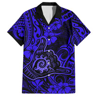 Hawaii Shaka Sign Family Matching Short Sleeve Bodycon Dress and Hawaiian Shirt With Polynesian Hibiscus Navy Blue Unique LT01 Dad's Shirt - Short Sleeve Blue - Polynesian Pride
