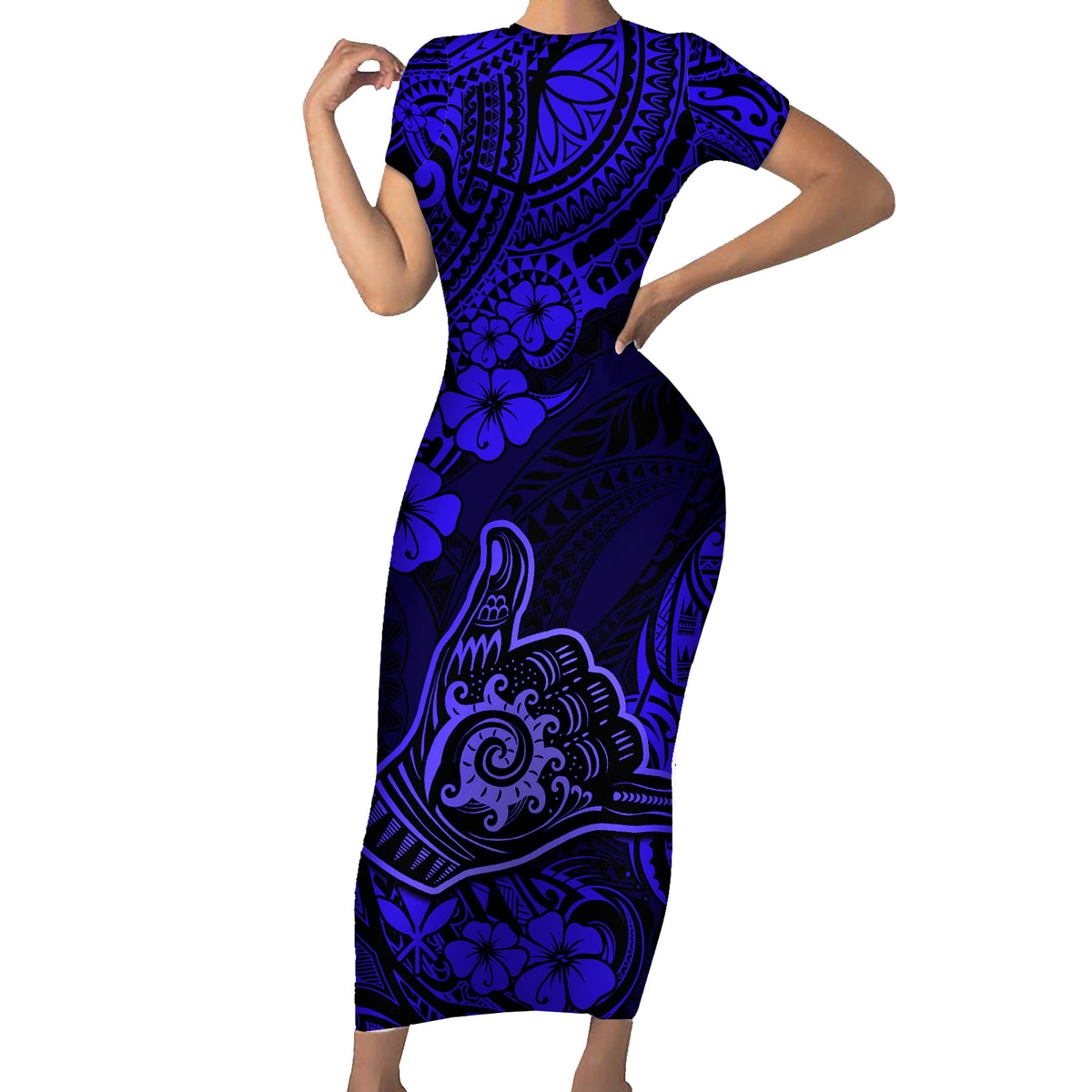 Hawaii Shaka Sign Family Matching Short Sleeve Bodycon Dress and Hawaiian Shirt With Polynesian Hibiscus Navy Blue Unique LT01 Mom's Dress Blue - Polynesian Pride