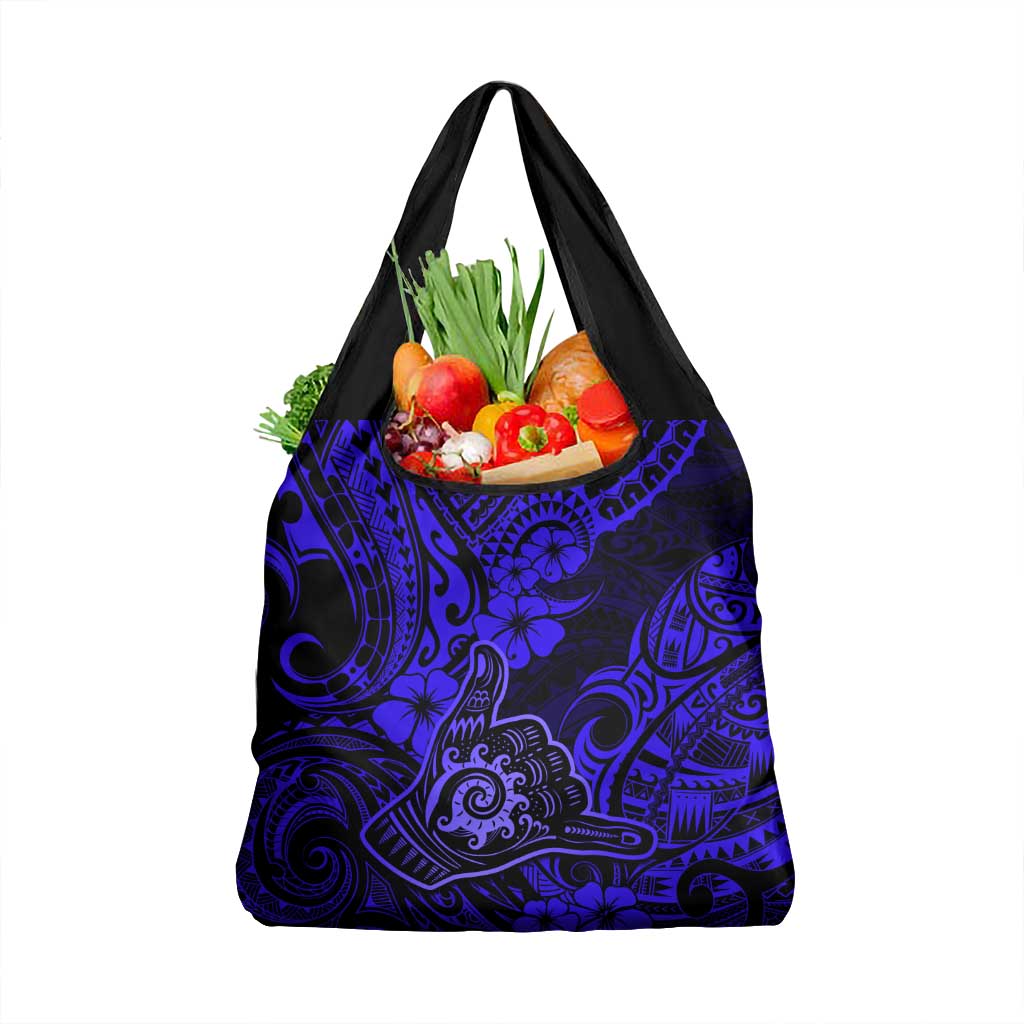 Hawaii Shaka Sign Grocery Bag With Polynesian Hibiscus Navy Blue Unique